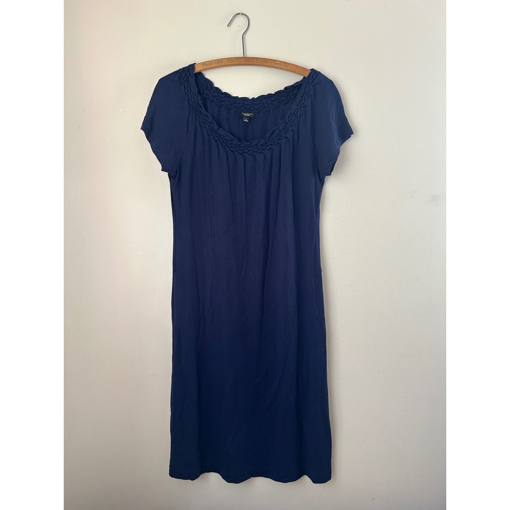 Talbots Womens Dress Short Sleeve Knit Navy Blue Braided Neckline‎ Career Travel